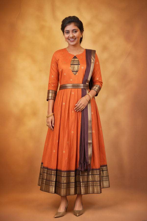 Orange & Brown Girls Frock | Saree Style Zari Pallu | Festive & Party Wear