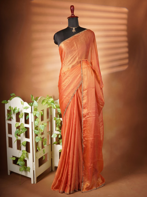Light Orange Space Silk Saree | Plain Silk with Gold Beaded Lace Border | Party & Festive Wea