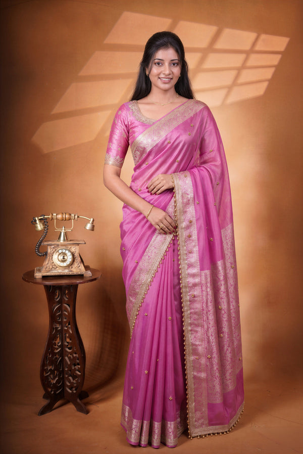 Organza Tissue Saree | Orchid Pink with Silver Zari Woven Border & Gold Bead Lace | Wedding & Festive Wear