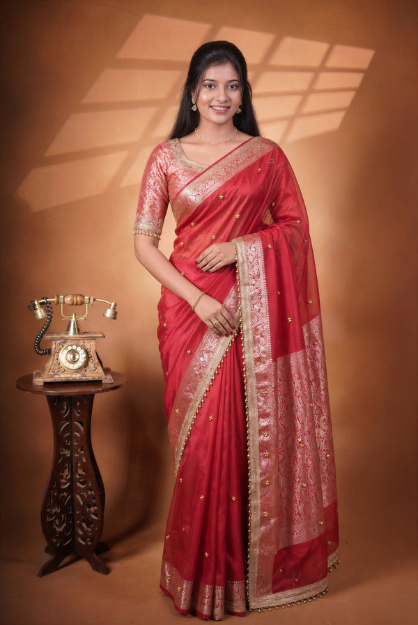Organza Tissue Saree | Coral Red with Silver Zari Woven Border & Gold Bead Lace | Wedding & Festive Wear
