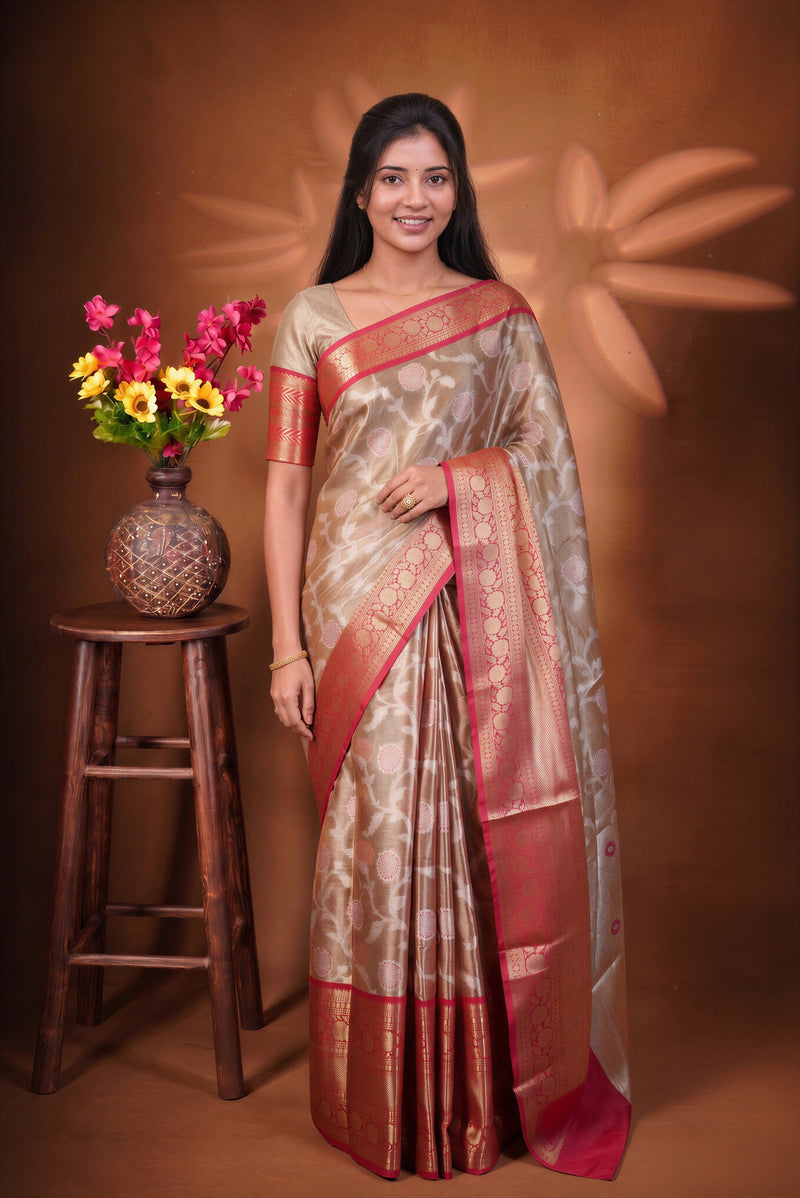Champagne Gold Organza Tissue Saree | White Floral Jaal Weave Red-Orange Border | Traditional Wear