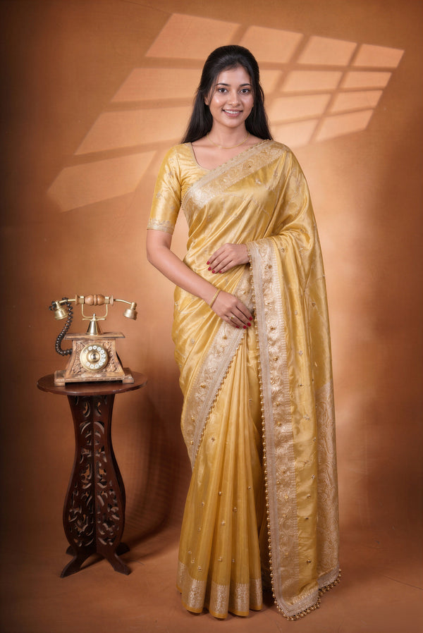 Organza Tissue Saree | Champagne Gold with Silver Zari Woven Border & Gold Bead Lace | Wedding & Festive Wear