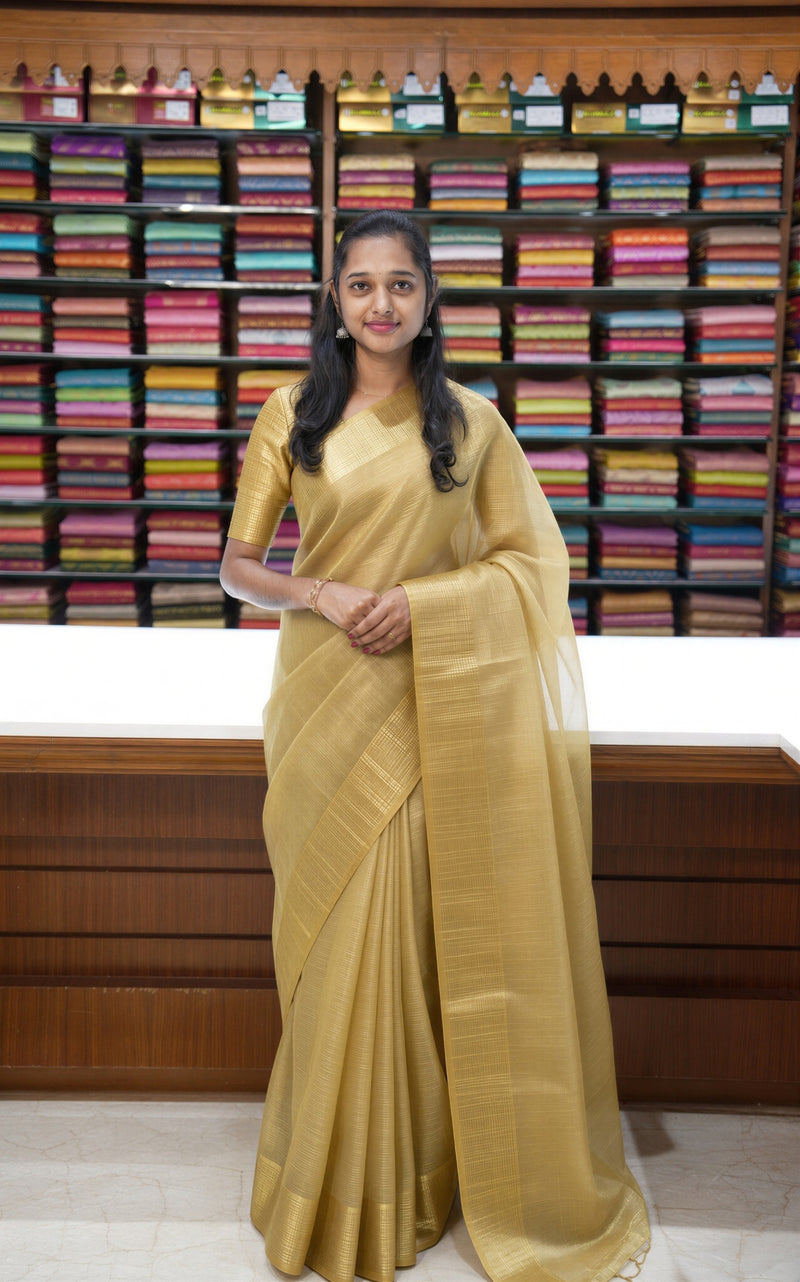 Antique Gold Tissue Saree | Sheer Lightweight with Zari Stripes Pallu | Pooja & Festive Wear