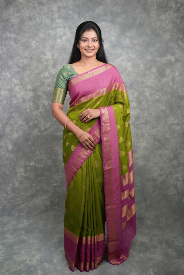 Parrot Green Semi Mysore Silk Saree | Paisley Mango Butta Magenta Border | Wedding Festival Wear