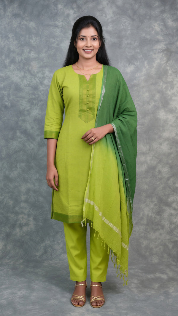 A woman modeling a lime green salwar kameez suit with a matching green dupatta, standing against a textured gray studio backdrop.