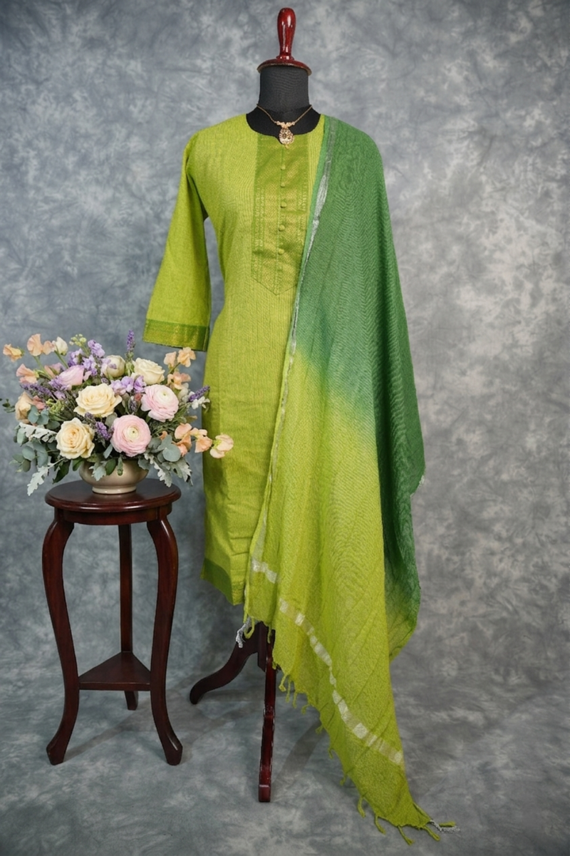 Parrot Green Chudi – A vibrant and refreshing outfit that highlights the beauty of bright parrot green. Designed with elegant detailing, this chudi offers a perfect blend of comfort and style,