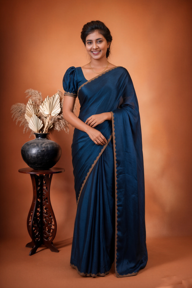 Plain Navy Space Silk Saree | Golden Scalloped Border | Festive & Wedding Guest Wear