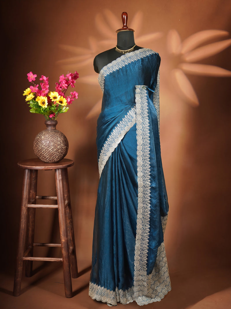 Peacock Blue Space Silk Saree | Silver Stone Embroidered Scalloped Border | Bridal Wedding Wear