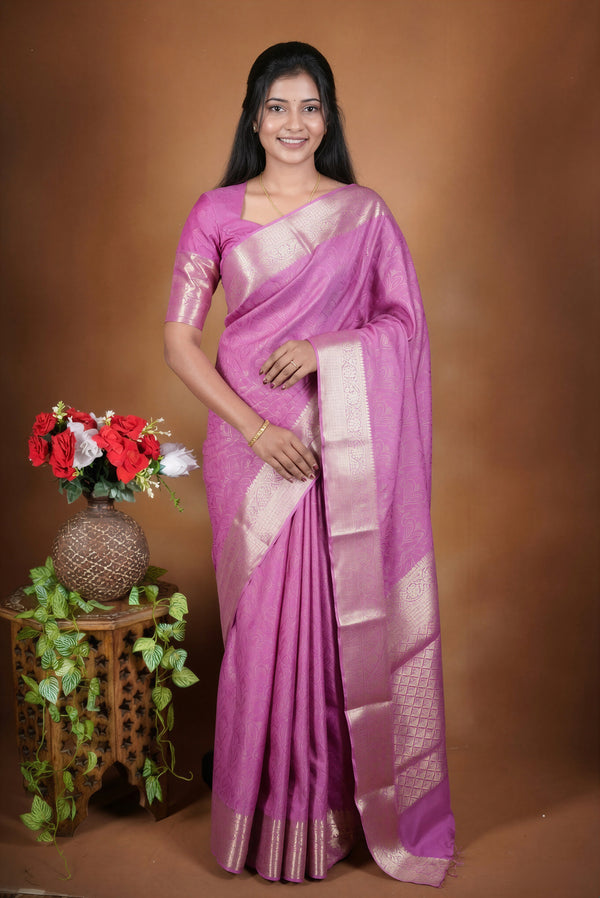 Pink Georgette Saree | Intricate Floral Zari Weave Gold Border | Festive Occasion Wear