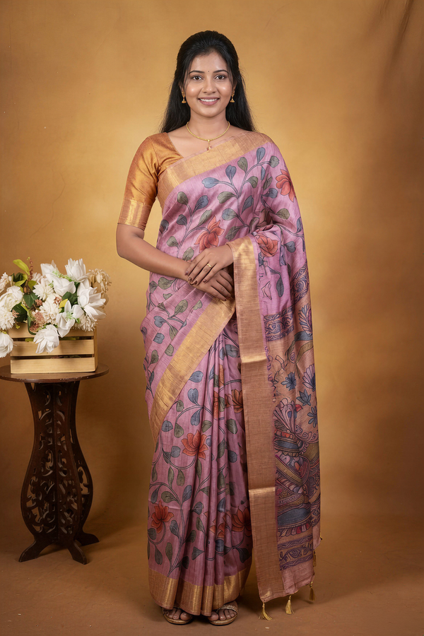 Dusty Pink Semi Tussar Silk Saree | Floral Print with Gold Border & Madhubani Pallu | Festive Wear