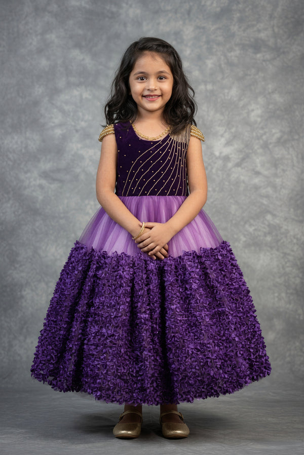 Deep Plum Baby Girl Frock 1–3 Years | Velvet Bodice Gold Bead Embroidery | Birthday Party Wear