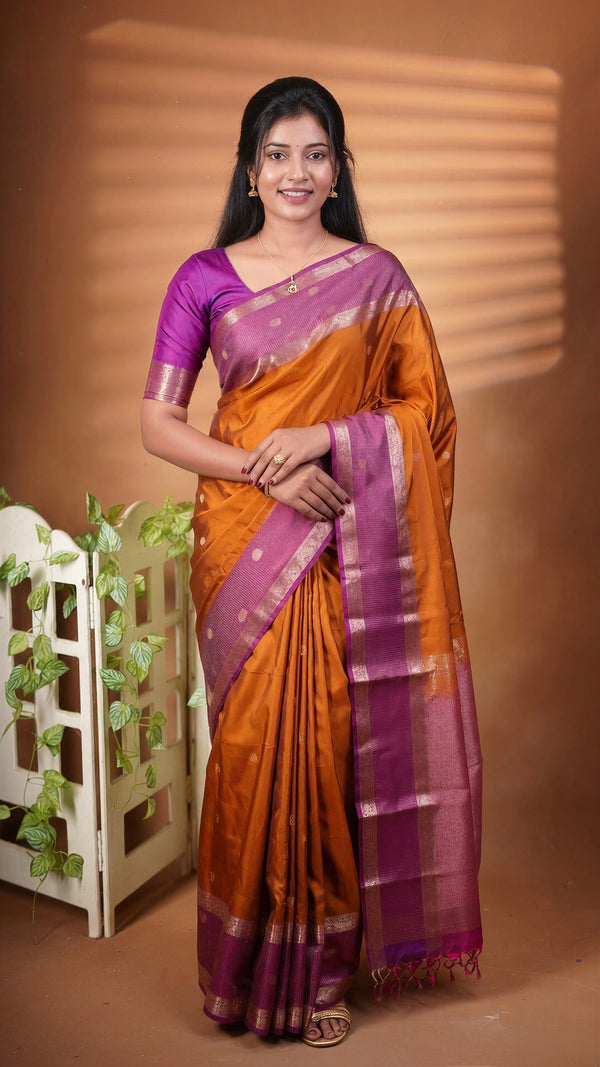 A woman modeling a traditional Indian saree with a purple blouse and a bronze-orange saree featuring a purple border and pallu, set against a warm brown studio backdrop with decorative plants.