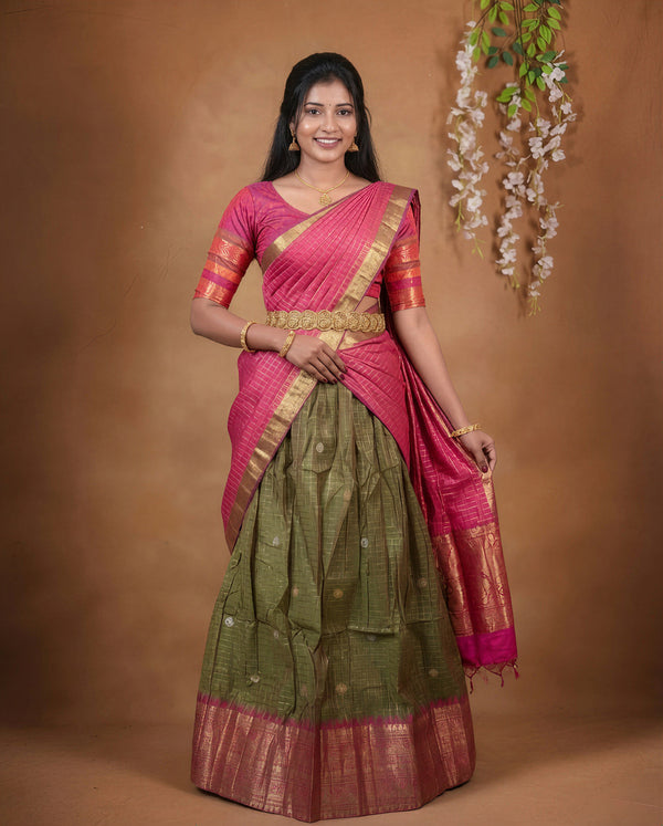 Pink & Olive Green Silk Half Saree | Gold Zari Checks Weave with Temple Border | Bridal Wedding Festive Wear