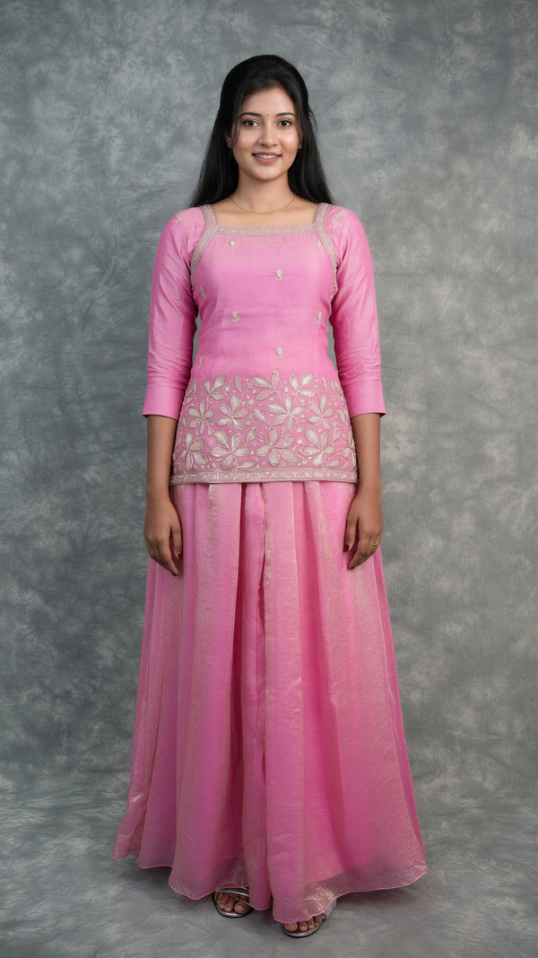 Pink Girls Sharara Set | Organza Floral Embroidery Flared | Festive & Party Wear Sizes 24–40