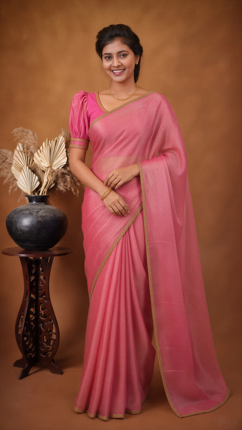 Pink Space Silk Saree | Plain Silk with Gold Beaded Lace Border | Office & Festive Wear