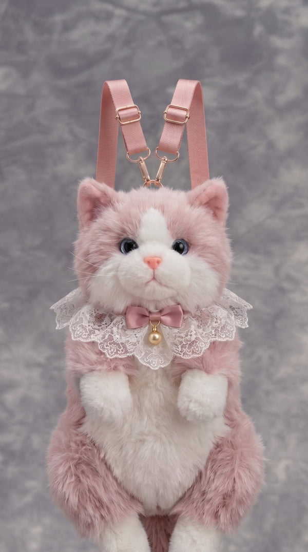 A pink and white plush cat backpack with a lace collar, bow, and gold bell, featuring pink shoulder straps and a gold chain connector, set against a textured gray background.