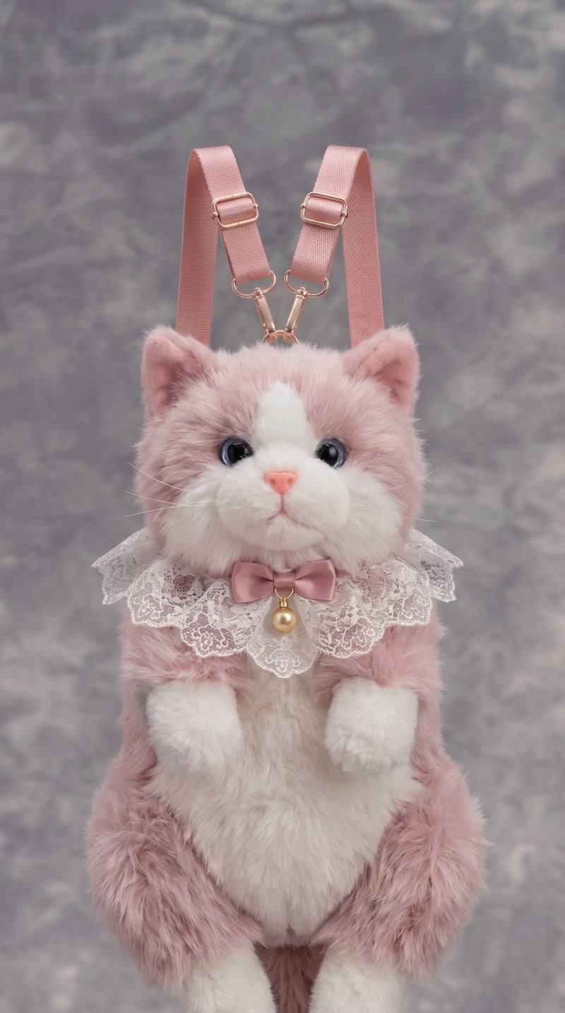 A pink and white plush cat backpack with a lace collar, bow, and gold bell, featuring pink shoulder straps and a gold chain connector, set against a textured gray background.