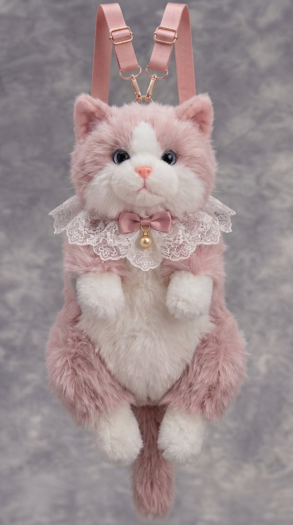 A pink and white plush cat backpack with a lace collar, bow, and gold bell, featuring pink shoulder straps and a gold chain connector, set against a textured gray background.