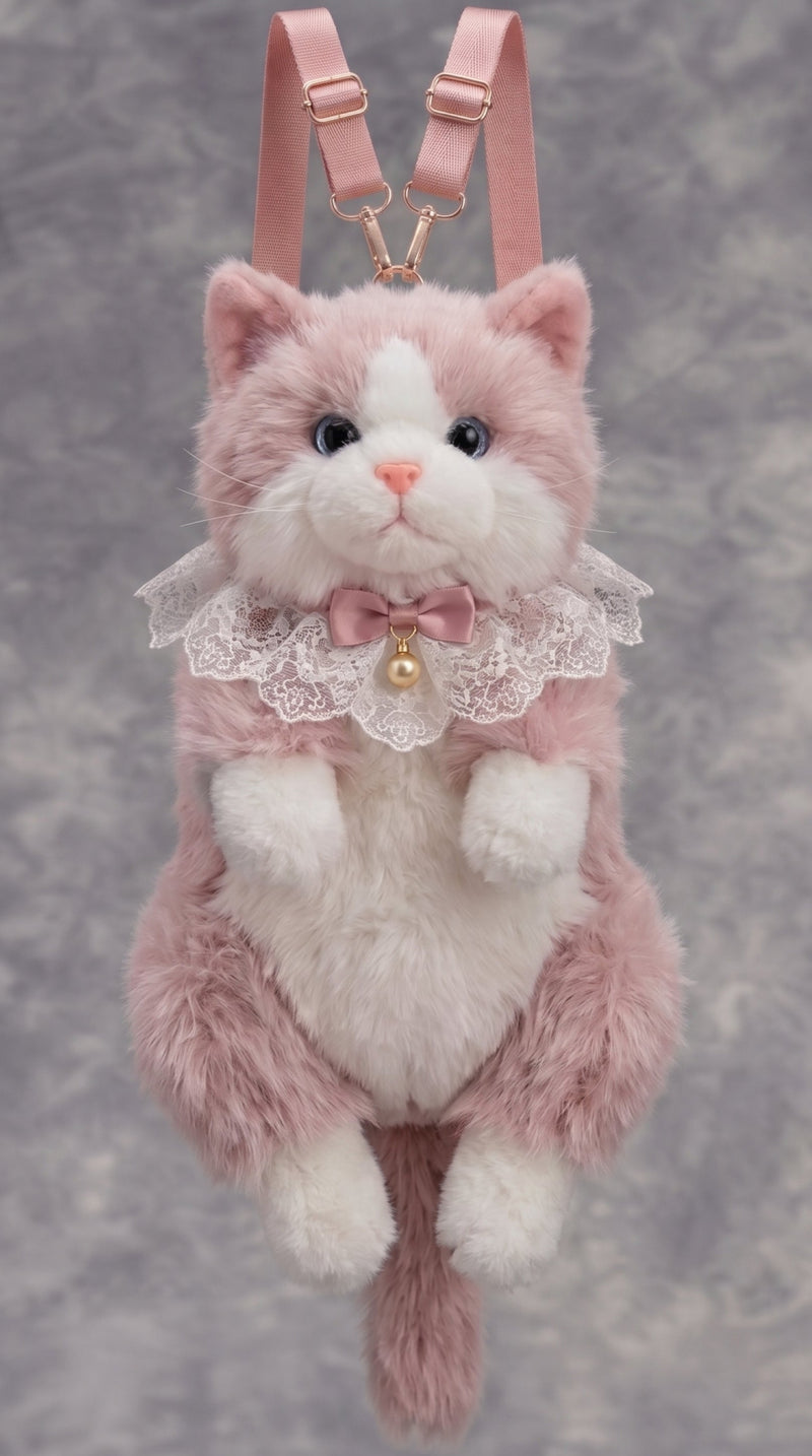 A pink and white plush cat backpack with a lace collar, bow, and gold bell, featuring pink shoulder straps and a gold chain connector, set against a textured gray background.