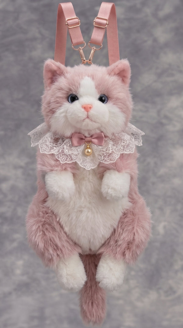 Pink Persian Cat Plush Backpack | Kawaii Kitten Bag Lace Collar Gold Bell Blue Eyes | Girls & Women Fashion