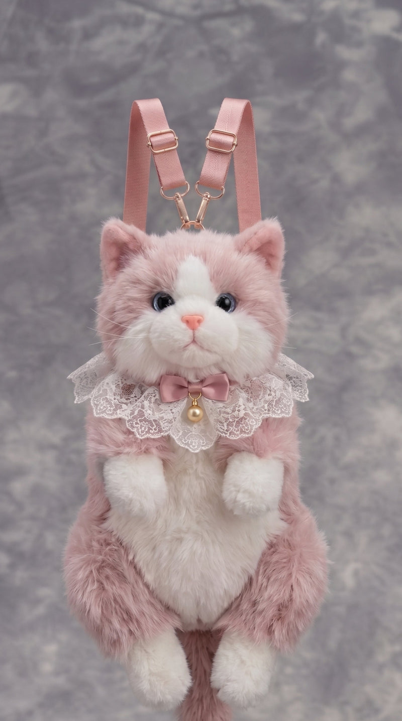 Cute Pink Persian Cat Plush Backpack featuring blue eyes, lace collar and gold bell for everyday fashion