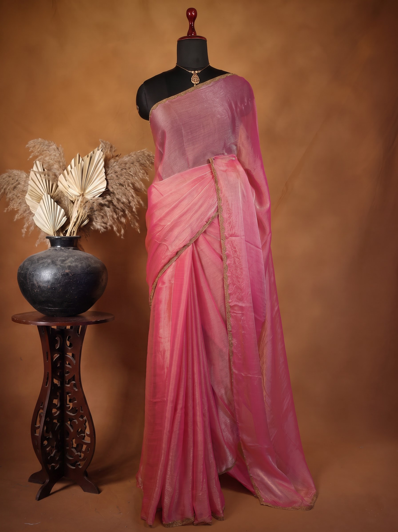Pink Space Silk Saree | Plain Silk with Gold Beaded Lace Border | Office & Festive Wear