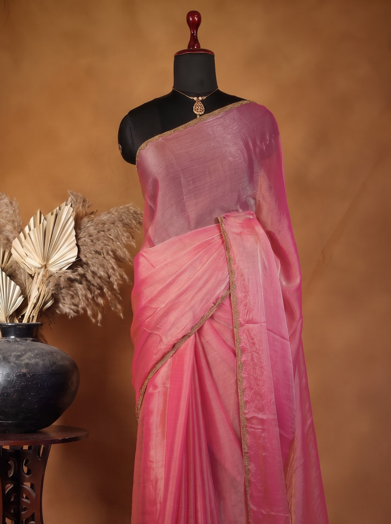 Pink Space Silk Saree | Plain Silk with Gold Beaded Lace Border | Office & Festive Wear