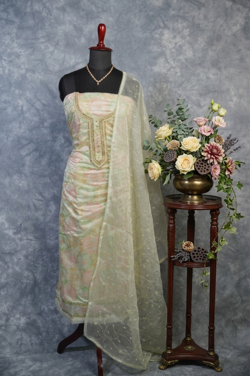 Pista Green Organza Chudi Set | Embroidered Border | Festive & Stylish Occasion Wear
