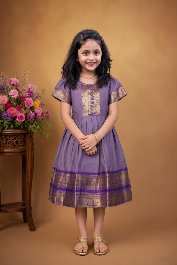 Lavender Purple Girls Cotton Frock | Gold Zari Elephant Border | Traditional Kids Wear