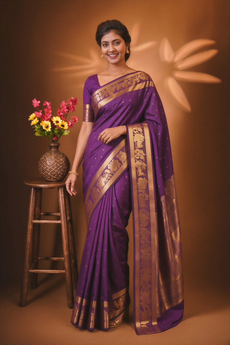 Purple Art Silk Saree | Gold Zari Elephant Horse Motif Border | Bridal & Festive Wear