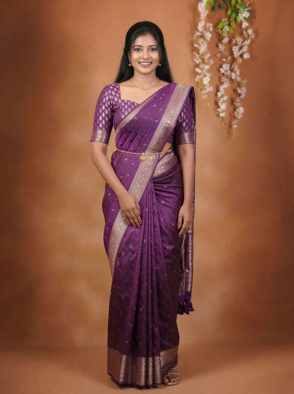 Half Saree Pattu Langa | Purple Shaded Silk with Silver Zari Medallion Border | Half Saree Ceremony Wear
