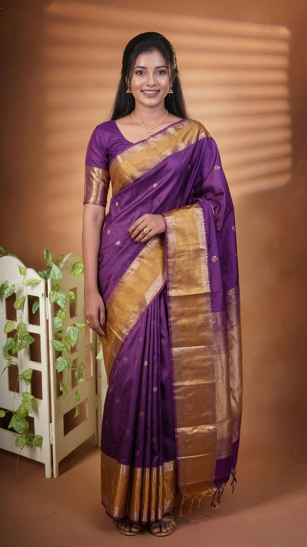 A woman modeling a purple and gold silk saree with a matching gold embroidered blouse, standing against a warm brown studio backdrop with decorative plants on the left.