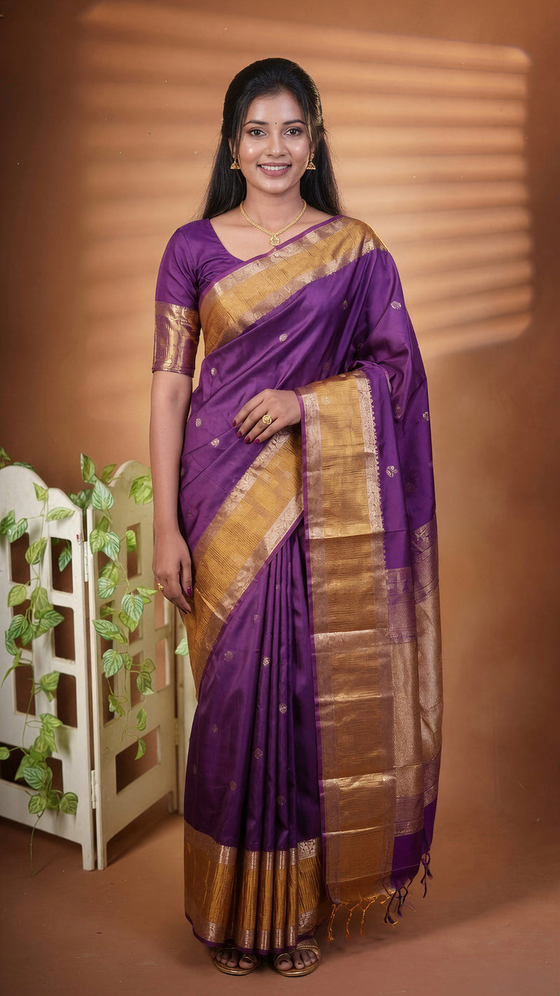 A woman modeling a purple and gold silk saree with a matching gold embroidered blouse, standing against a warm brown studio backdrop with decorative plants on the left.