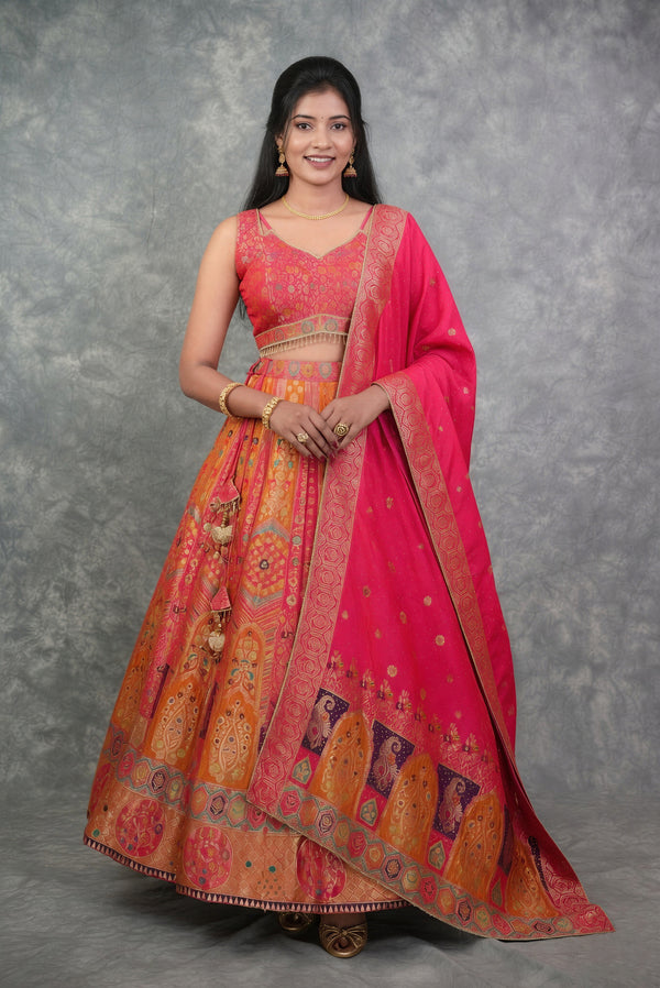 Rani Pink Saffron Orange Lehenga Choli | Banarasi Weave Paisley Zari | Festive Wedding Wear