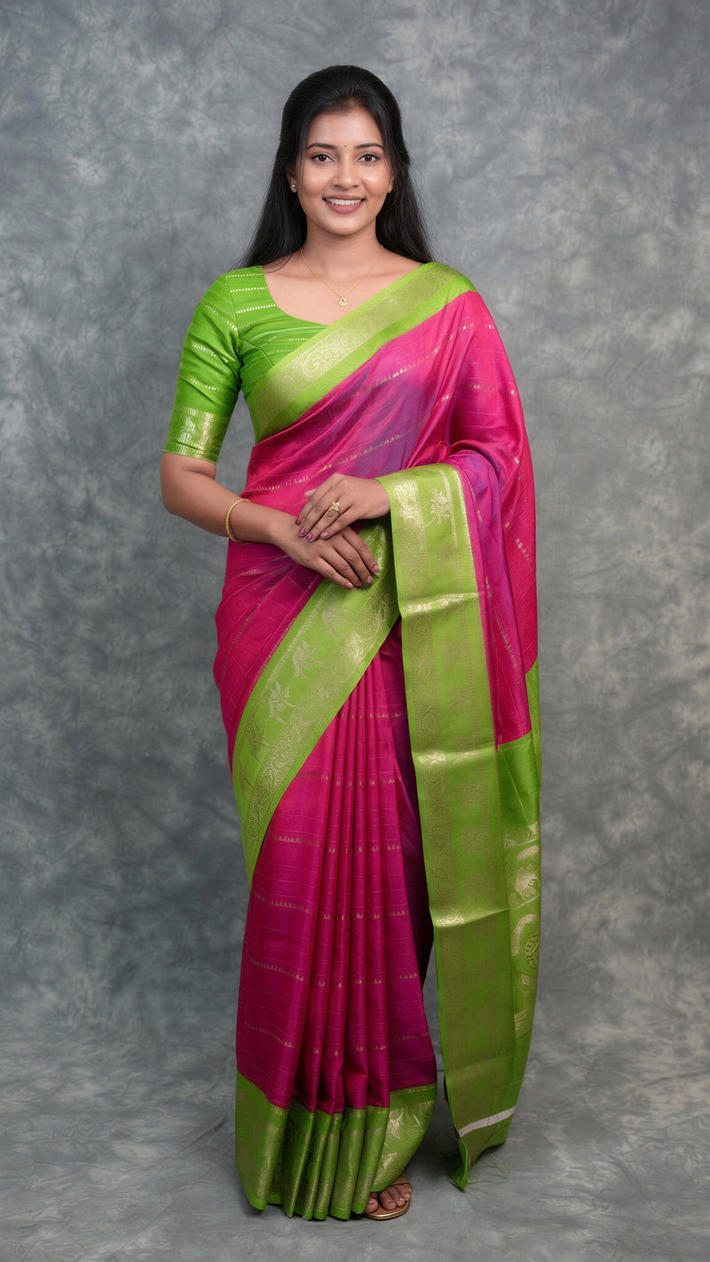 A woman modeling a traditional Indian saree with a bright pink body, a lime green blouse, and a wide lime green border with gold zari detailing, set against a textured gray studio backdrop.