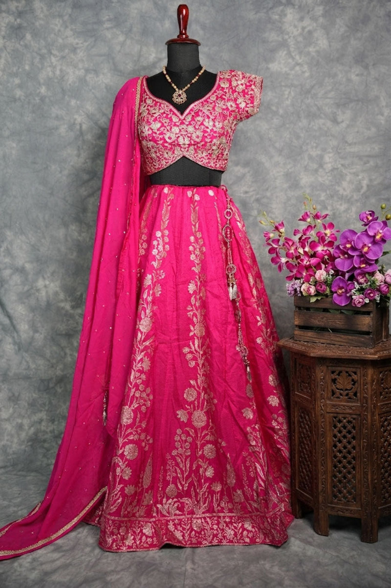 Rani Pink Floral ladies midi - A vibrant Rani Pink floral ladies midi featuring elegant all-over golden floral prints, a flattering silhouette, and rich fabric that drapes beautifully&nbsp;
