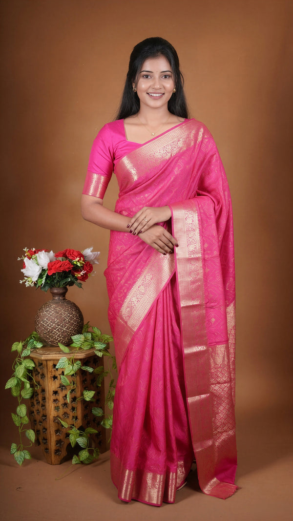 Rani Pink Georgette Saree | All-Over Gold Floral Zari Weave | Festive & Party Wear