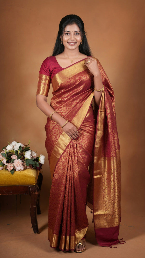 Brick Red Brocade Georgette Saree | Full Gold Zari Weave & Pallu | Traditional Festive Wear