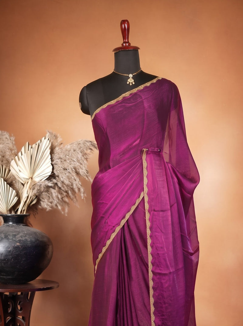 Plain Magenta Space Silk Saree | Golden Scalloped Border | Festive & Wedding Guest Wear