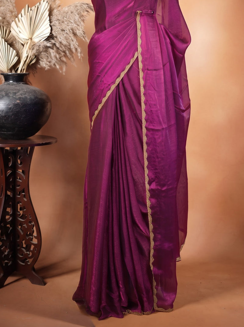 Plain Magenta Space Silk Saree | Golden Scalloped Border | Festive & Wedding Guest Wear