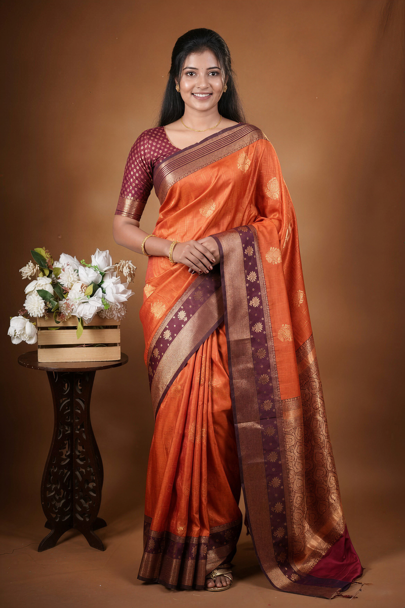 A woman modeling an orange silk saree with a deep purple border and a matching purple patterned blouse, standing against a warm brown studio backdrop next to a small table with white flowers.