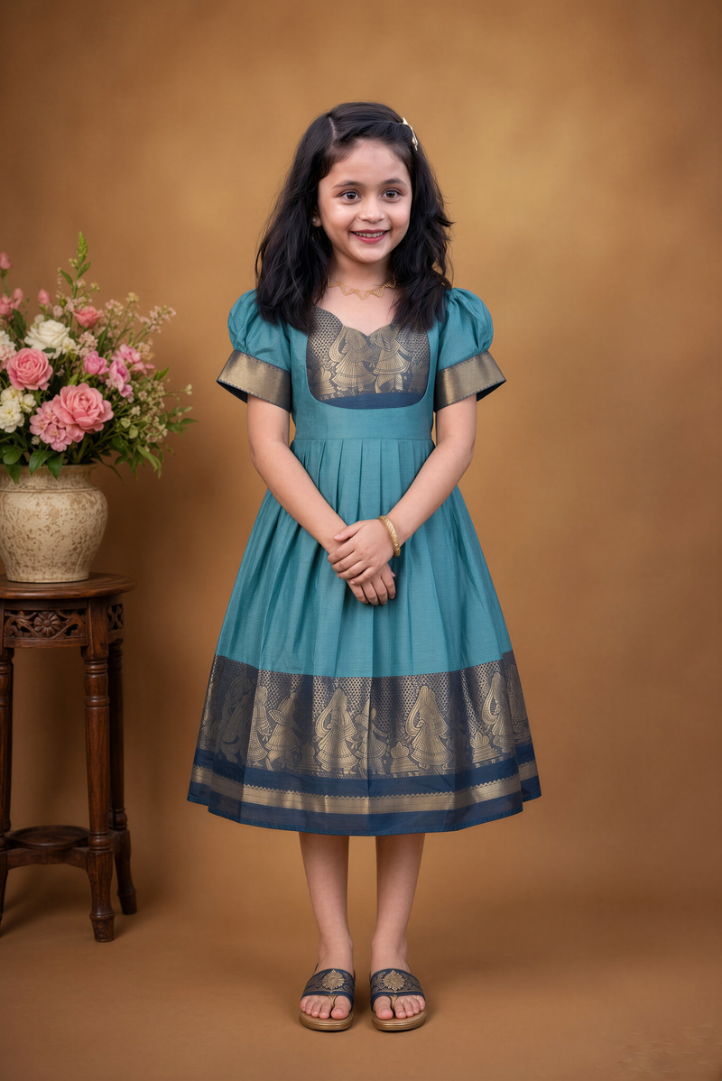 Girls Cotton Silk Frock | Sky Blue with Navy Gold Zari Dancer Border | Festive & Function Wear