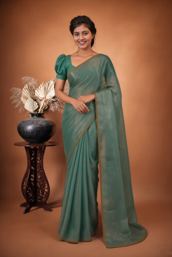 Space Silk Saree | Aqua Blue Solid with Scalloped Gold Trim | Elegant Party Wear