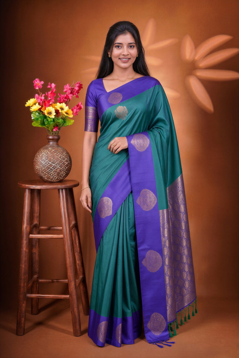 Teal Soft Silk Saree | Gold Zari Butta Purple Border | Traditional Occasion Wear