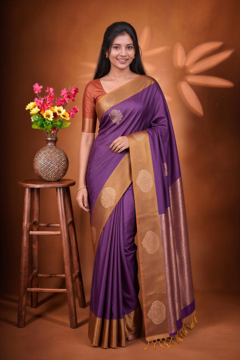 Violet Soft Silk Saree | Gold Medallion Motif Zari Border | Traditional Wear