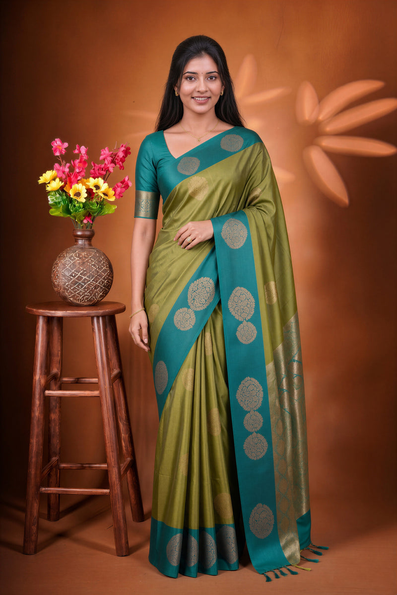 Moss Green Soft Silk Saree | Teal Zari Medallion Border | Festive & Traditional Wear