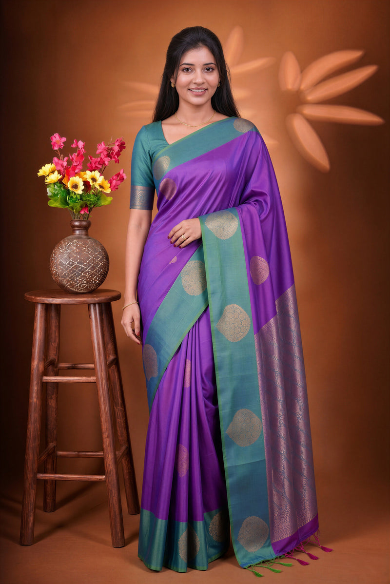 Purple & Teal Soft Silk Saree | Zari Floral Motif Contrast Border | Traditional Wear