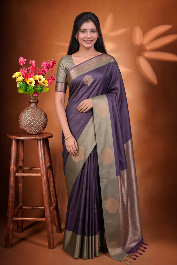 Wine Purple Soft Silk Saree | Gold Zari Butta Beige Border | Traditional Wear
