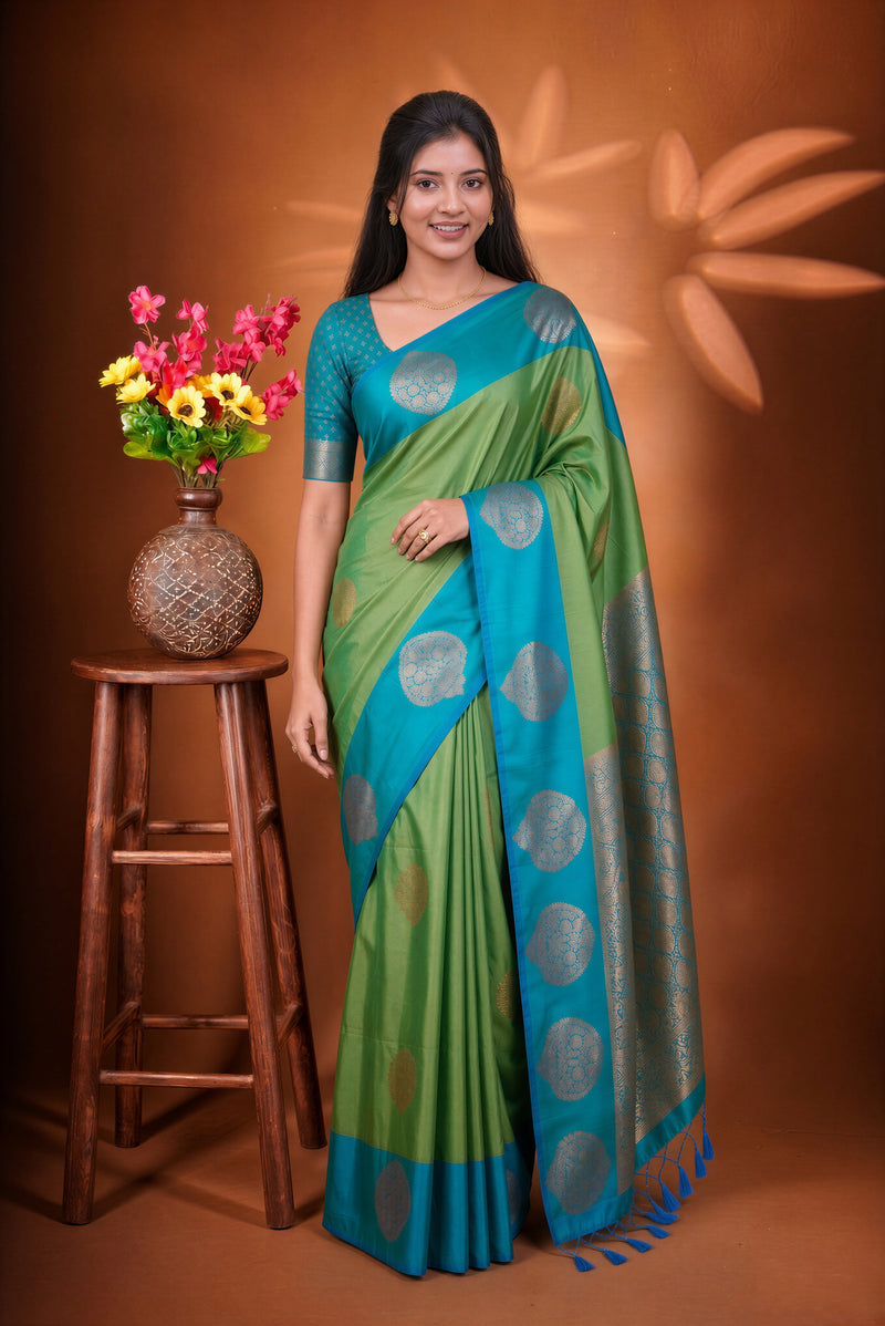 Green & Turquoise Soft Silk Saree | Gold Zari Butta Design | Festive & Traditional Wear