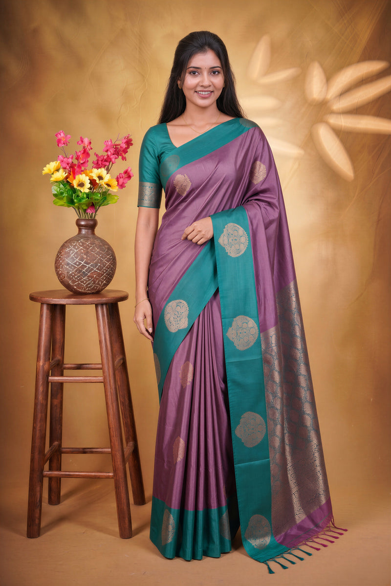 Mauve Purple Soft Silk Saree | Gold Zari Floral Butta Sea Green Border | Traditional Wear